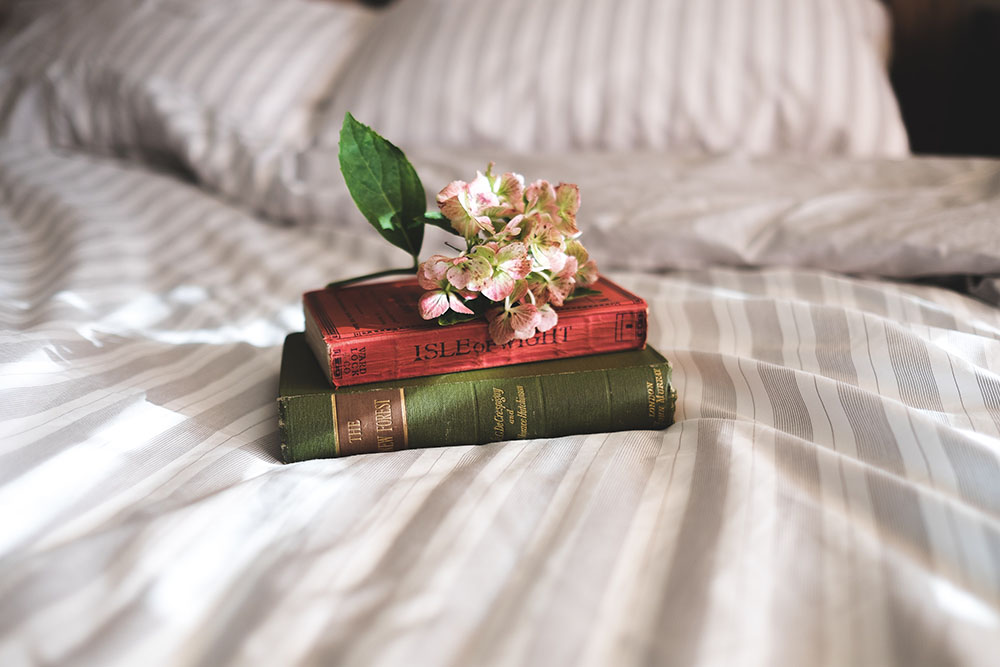 Books on a bed with flowers on top Annie Spratt